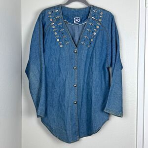 Bingo! Bingo! Vintage Blouse Size 6 Blue Denim Studded V-Neck Button Front